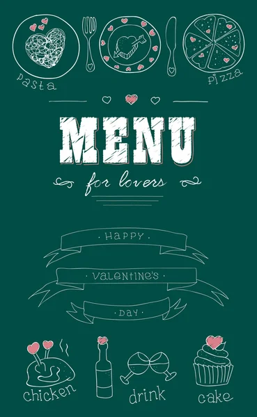 Menu dla miłośników. Żywność z serca. Happy Valentines day. Doodle Decor elementów, wstążki. Wyciągnąć rękę. Tablica — Wektor stockowy