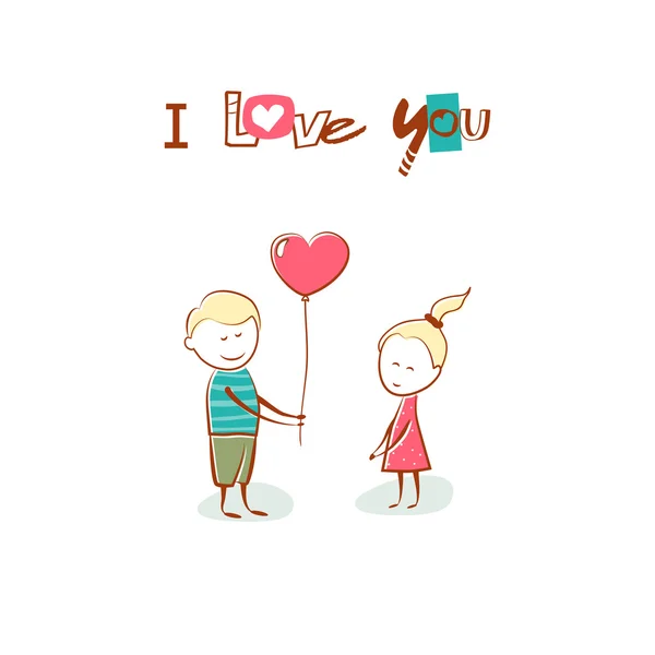 Valentines Day. Boy gives the girl a balloon heart. Text I Love You. Hand drawn card. - Stok Vektor