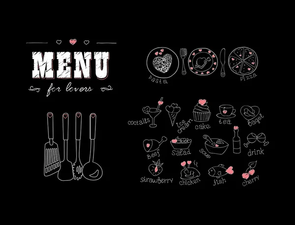 Menu dla miłośników. Żywność z serca. Happy Valentines day. Doodle Decor elementów. Wyciągnąć rękę. Tablica. — Wektor stockowy