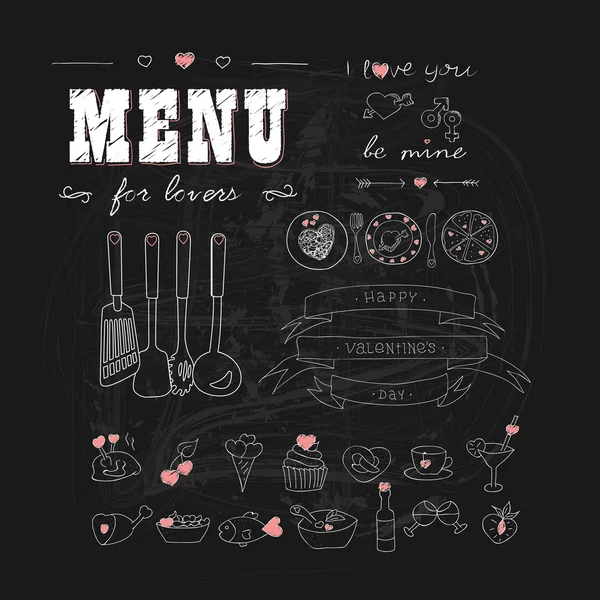 Happy Valentines day. Menu dla miłośników. Żywność z serca. Doodle elementy wystroju. Wyciągnąć rękę. Tablica. — Wektor stockowy