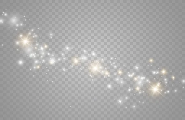 Chispas de polvo, estrellas doradas brillan luz especial. — Vector de stock