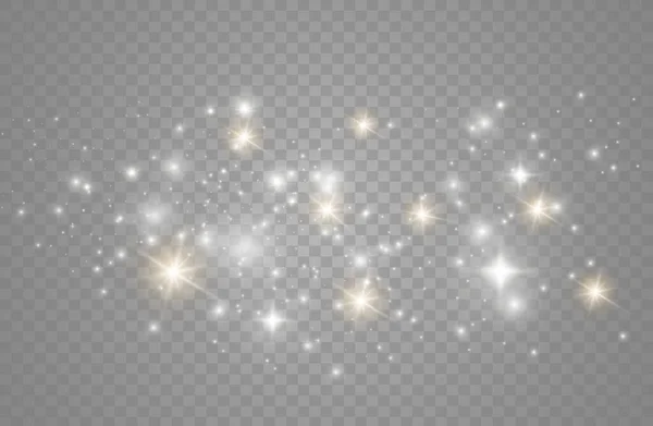 Chispas de polvo, estrellas doradas brillan luz especial. — Vector de stock