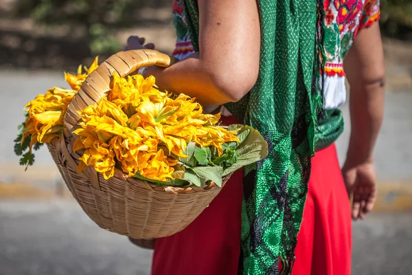 Mujer con una canasta en vestido étnico tradicional mexicano, América Latina. Antecedentes para México . —  Fotos de Stock