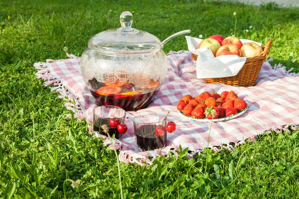 Park açık havada cephede piknik öğle yemeği güneşli yaz gününde.