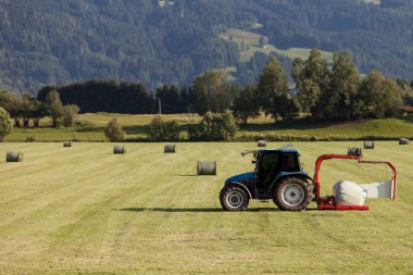 Sahne haymaking, traktör ile sahada çalışan saman sepeti