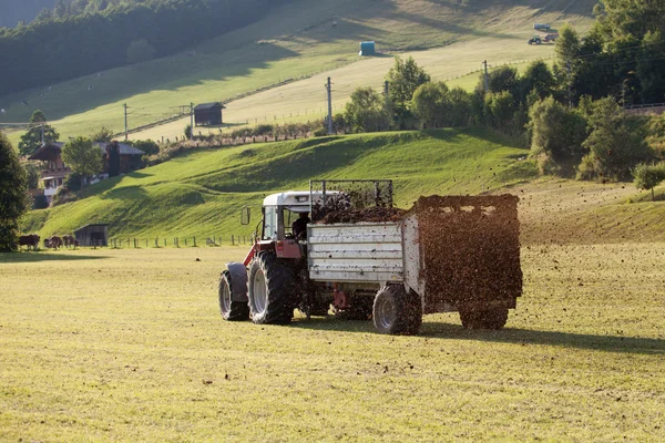 Rolnych scena rolnika nawóz rozprzestrzeniania — Zdjęcie stockowe
