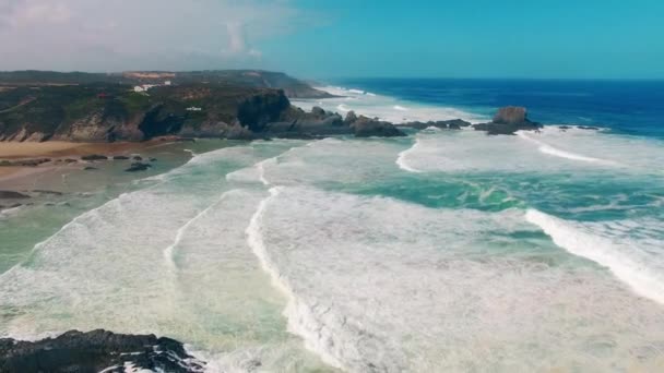 Zambujeira do mar beach, alentejo, portugal air view — Stockvideo