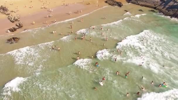 Mensen plezier op een prachtige oceaan strand luchtfoto — Stockvideo