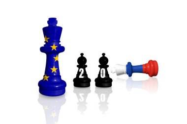 Avrupa Birliği, Rusya 'nın Ukrayna' daki savaş ve saldırganlığı için ambargo ve yaptırımlar uyguluyor. Satranç, AB ve Rusya 'nın bayraklarından yapıldı. 20 yaptırım paketi