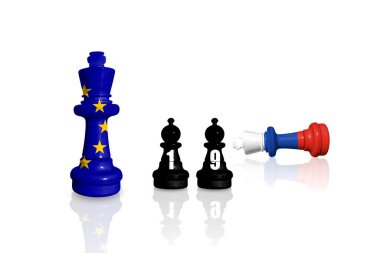Avrupa Birliği, Rusya 'nın Ukrayna' daki savaş ve saldırganlığı için ambargo ve yaptırımlar uyguluyor. Satranç, AB ve Rusya 'nın bayraklarından yapıldı. 19 yaptırım paketi
