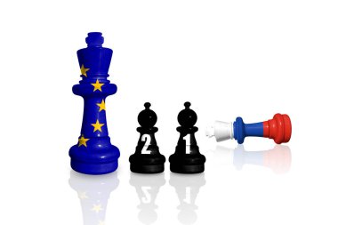 Avrupa Birliği, Rusya 'nın Ukrayna' daki savaş ve saldırganlığı için ambargo ve yaptırımlar uyguluyor. Satranç, AB ve Rusya 'nın bayraklarından yapıldı. 21 yaptırım paketi