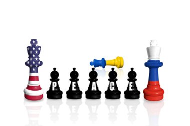 Rusya, ABD ve Ukrayna bayraklarından yapılan satranç sözcüğü