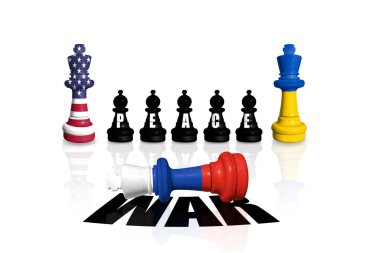 Rusya, ABD ve Ukrayna bayraklarından yapılan satranç sözcüğü Barış ve Savaş