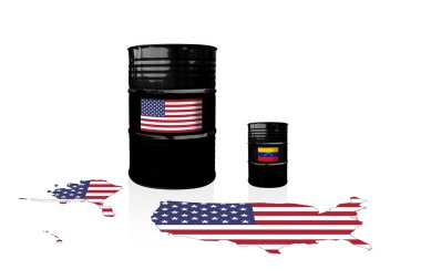 ABD haritasında ABD ve Venezuela bayraklı ham petrol varilleri
