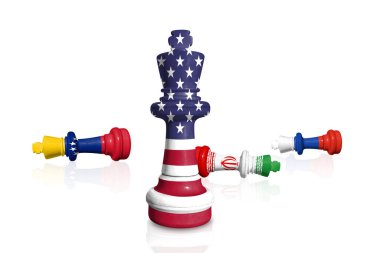 ABD, Venezuela, Rusya ve İran 'dan yapılan satranç, yumuşak yansımalı beyaz bir zemin üzerinde bayraklar