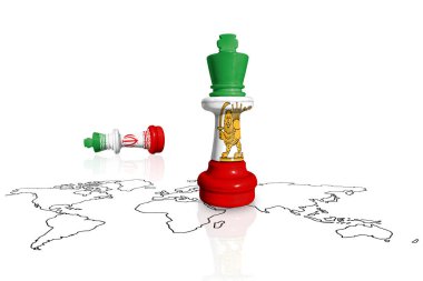 İran bayraklı bir dünya haritasında yeni İran bayrağından yapılan satranç