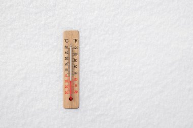 Beyaz santigrat ve kardaki fahrenheit termometresi. Çevre sıcaklığı eksi 7 derece.