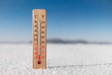 Beyaz santigrat ve kardaki fahrenheit termometresi. Çevre sıcaklığı eksi 22 derece.