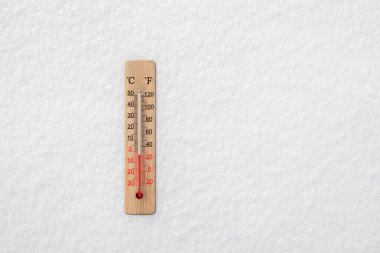 White celsius and fahrenheit scale thermometer in snow. Ambient temperature minus 3 degrees celsius