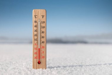 Beyaz santigrat ve kardaki fahrenheit termometresi. Çevre sıcaklığı eksi 7 derece.