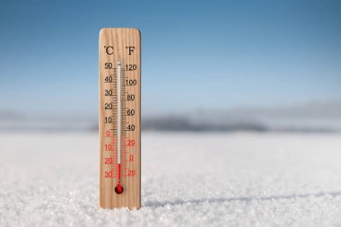 Beyaz santigrat ve kardaki fahrenheit termometresi. Çevre sıcaklığı eksi 20 derece.