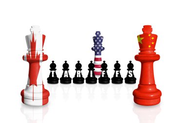 Beyaz arka planda ABD, Kanada ve Çin bayraklarından yapılan satranç. Ticaret, gümrük vergileri, gümrük savaşı