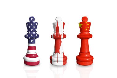 Beyaz arka planda ABD, Kanada ve Çin bayraklarından yapılan satranç. Ticaret, gümrük vergileri, gümrük savaşı