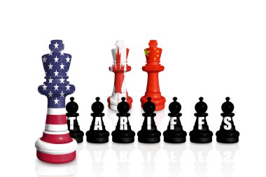 Beyaz arka planda ABD, Kanada ve Çin bayraklarından yapılan satranç. Ticaret, gümrük vergileri, gümrük savaşı