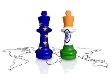 Bir dünya haritasında AB ve Hindistan bayraklarından yapılan satranç