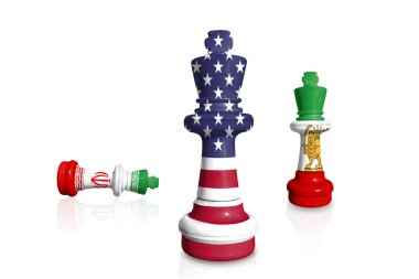 İran bayrağıyla beyaz arka planda ABD ve yeni İran bayrağından yapılan satranç