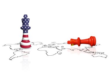ABD ve Çin 'in bayraklarından yapılmış bir dünya haritasında satranç