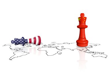 ABD ve Çin 'in bayraklarından yapılmış bir dünya haritasında satranç