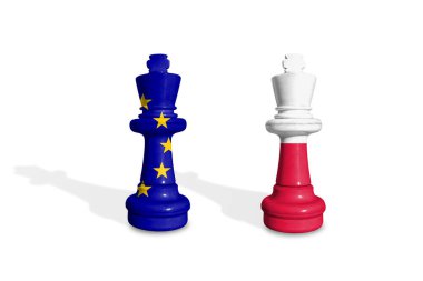 Satranç, AB ve Polonya bayraklarından yapıldı. Avrupa Birliği, 27 Avrupa ülkesinin siyasi ve ekonomik birliğidir.