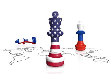 ABD, Küba ve Rusya 'nın bayraklarından yapılmış bir dünya haritasında satranç