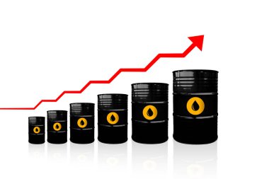 Ham petrol fiyatları yükseliyor. Yumuşak yansımalı beyaz bir zemin üzerinde ham petrol varilleri