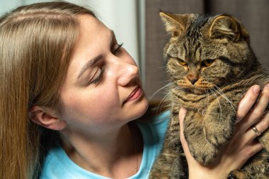 Çizgili kedisini nazikçe tutan kadının portresini yakından çek. Sevgi, ilgi, evcil hayvan sahibi olma kavramı ve insan ve hayvan arasındaki duygusal bağ.