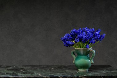 Büyük bir buket mavi muscari mermer masanın üzerinde koyu arkaplanda duruyor. Sakin ruh hali ve kopyalama alanı olan zarif çiçek kompozisyonu..