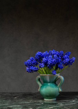 Büyük bir buket mavi muscari mermer masada vazoda. Koyu arkaplan, sakin ruh hali ve metin için kopyalama alanı ile natürmort yaşam bileşimi.