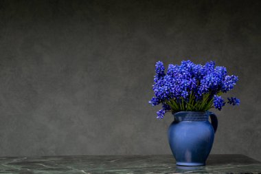 Büyük mavi muscari buketini mermer masanın üzerinde koyu bir arka planda mavi vazoda sergiliyor. Sakin ruh hali ve kopyalama alanı olan zarif çiçek kompozisyonu..
