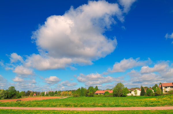 Summer landscape with the blue sky, white clouds and green field.
