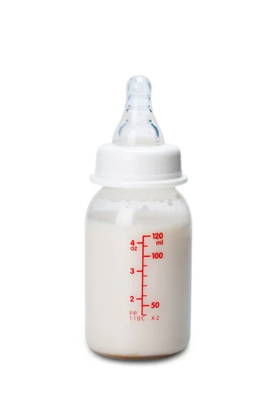 Baby bottle with milk for boy. Isolated on white background — Stock Photo, Image