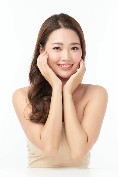 Beautiful Young Asian Woman Clean Fresh Skin White Background Face — Stock Photo, Image