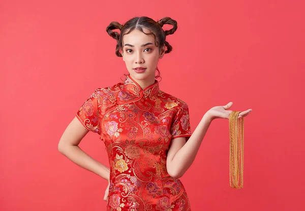 Attractive Chinese Asian Female Tradition Dress Holding Gold Necklace Joy — Stock Photo, Image