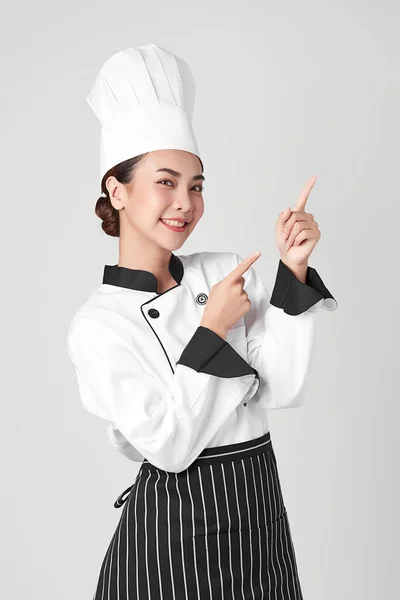 Mooie Jonge Aziatische Vrouw Chef Kok Witte Achtergrond — Stockfoto