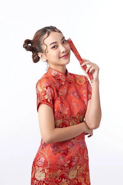 Mujer China Asiática Vestido Tradicional Sobre Fondo Blanco Festival Año — Foto de Stock