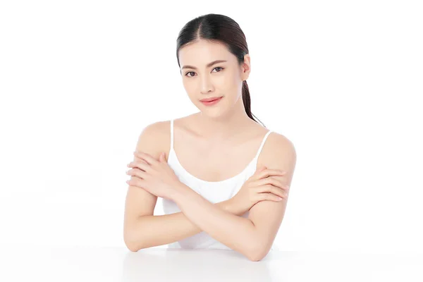 Beautiful Young Asian Woman Clean Fresh Skin White Background Face — Stock Photo, Image