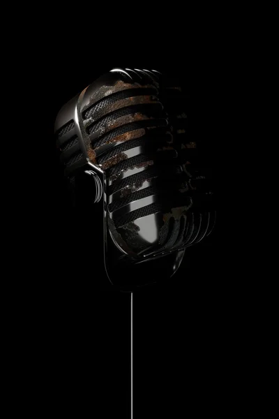 Siyah bir arka plan üzerinde 3D çizim paslı mikrofon — Stok fotoğraf