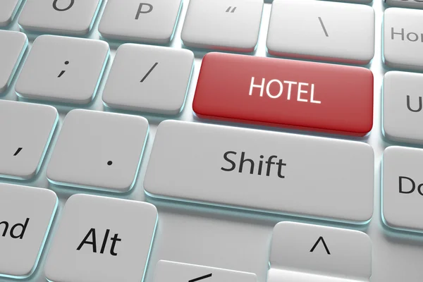 Ilustração 3d um botão vermelho "hotel" no teclado branco — Fotografia de Stock