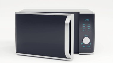 Paslanmaz çelik mikrodalga. Beyaz arka planda el izole edilmiş.