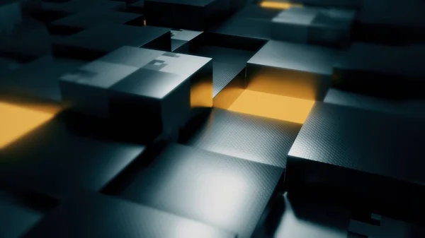 Gold and glass and metal cube extrude perspective orthographic light background. Cube yellow light emission. 3d render